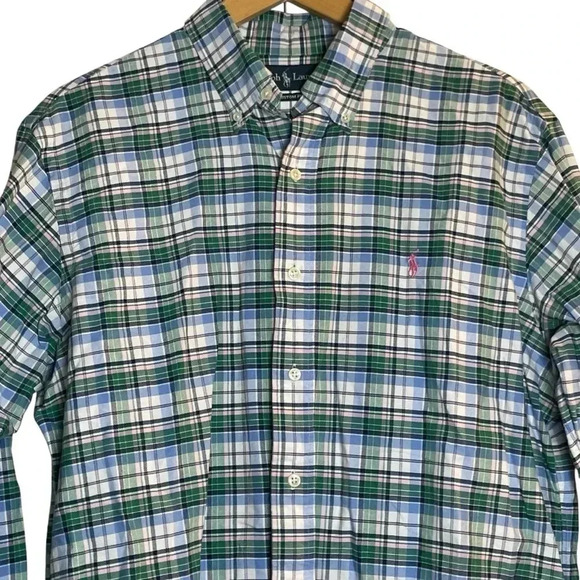 Ralph Lauren Custom Fit Pink Green Blue Plaid Button Down Dress Shirt Large - Picture 1 of 9
